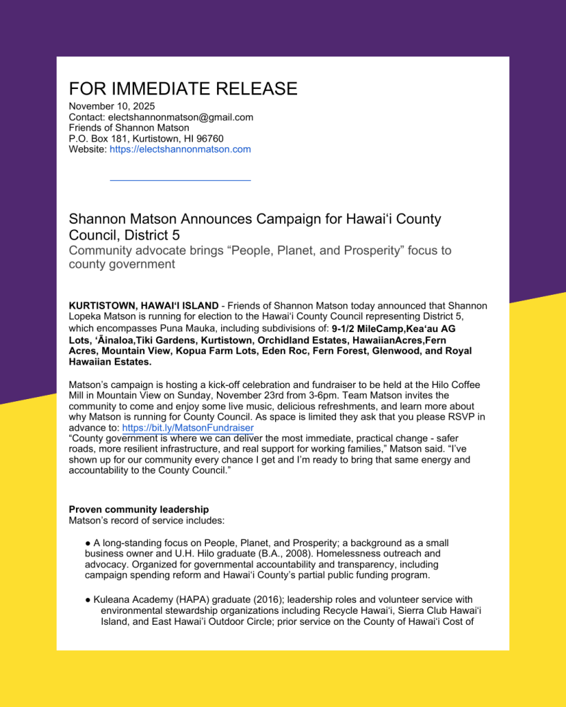 Press Release from Friends of Shannon Matson Announcing Shannon Matson's Candidacy for Hawai'i County Council District 5