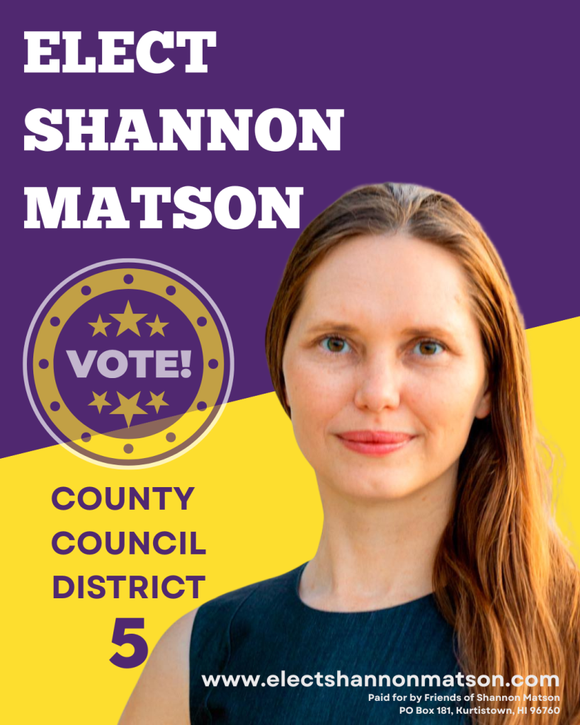 Poster stating "Elect Shannon Matson" and a sticker saying "vote" noting she wishes to serve in County Council District 5. Shannon is a woman smiling at the camera warmly and compassionately.