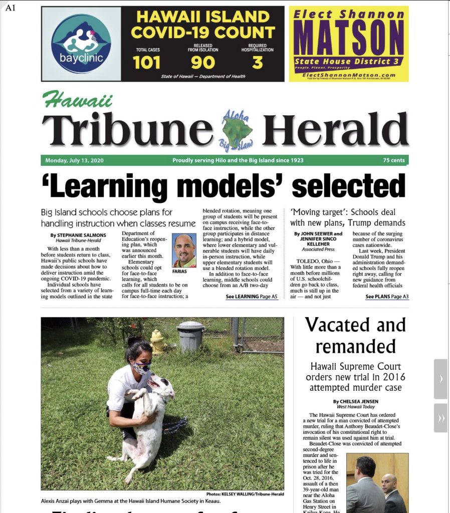 Photo of Hawaii Tribune-Herald front page with Shannon Matson for State House advertisement